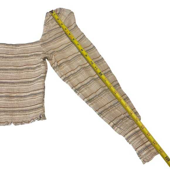 Striped Smocked Square Neck Crop Top With Long Balloon Sleeves In Neutral Stripe - Picture 13 of 13